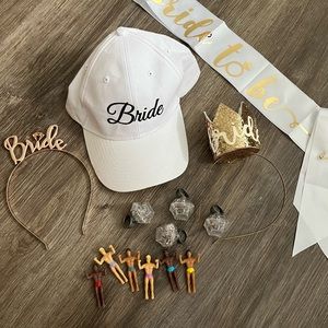 Bachelorette Party “Bride” Bundle - Hat, Headbands, Sash, Drink Markers, Rings